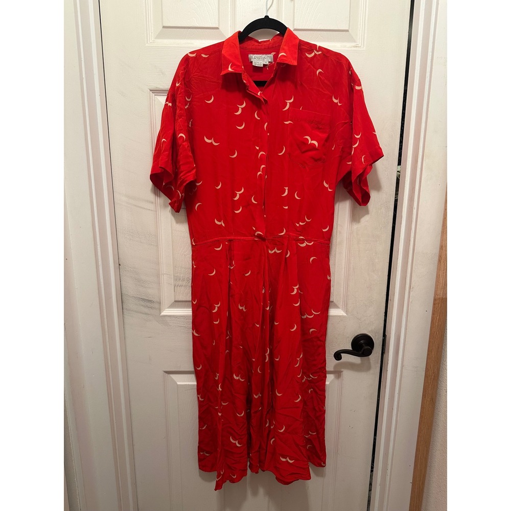 Argenti Vintage 100% Silk Red Crescent Moon Print Shirt Dress Midi Pockets 10